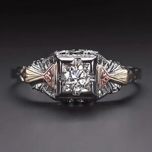 Art Deco Original Vintage 18k Tricolor gold Old European cut diamond ring